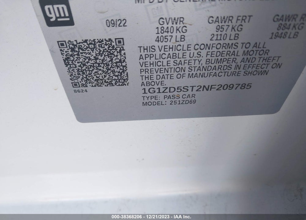 2022 CHEVROLET MALIBU FWD LT VIN: 1G1ZD5ST2NF209785