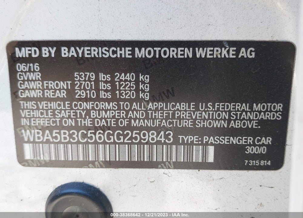 2016 BMW 535I XDRIVE VIN: WBA5B3C56GG259843