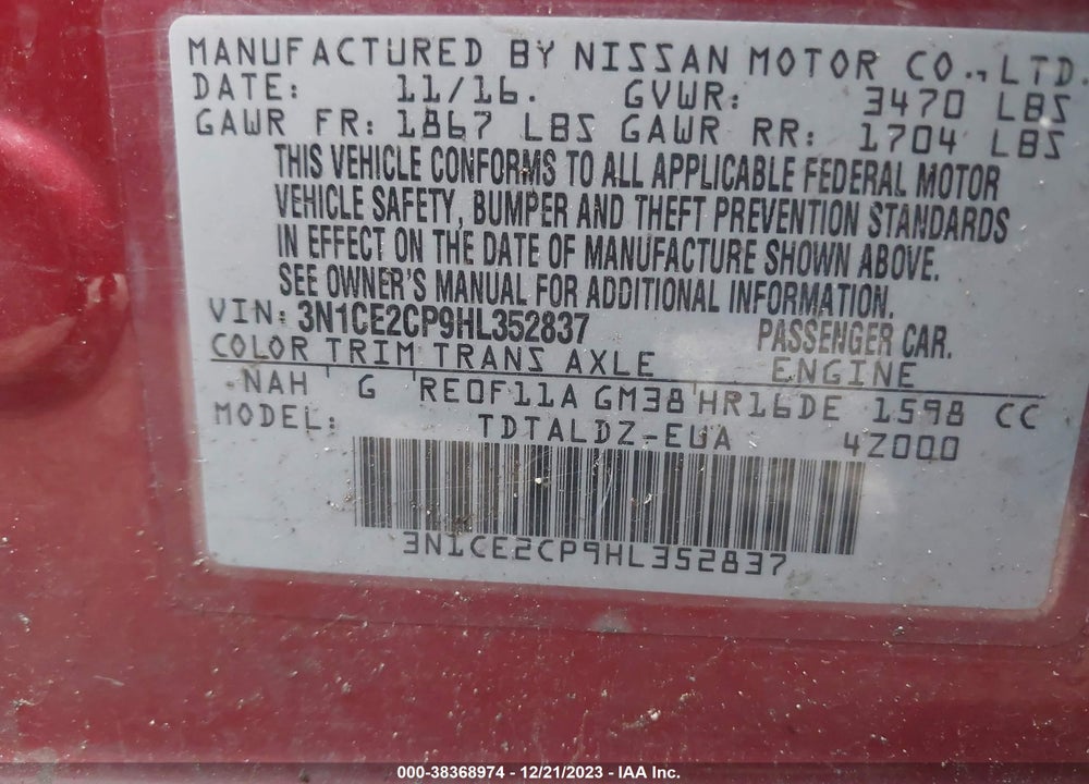 2017 NISSAN VERSA NOTE SV VIN: 3N1CE2CP9HL352837