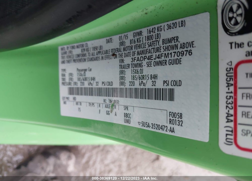 2015 FORD FIESTA SE VIN: 3FADP4EJ4FM170976