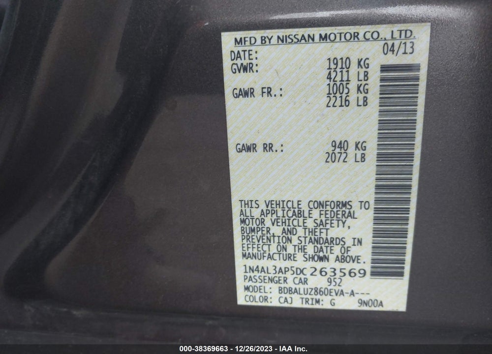2013 NISSAN ALTIMA 2.5 SV VIN: 1N4AL3AP5DC263569