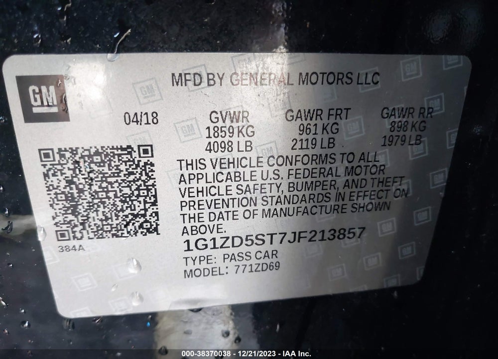 2018 CHEVROLET MALIBU LT VIN: 1G1ZD5ST7JF213857