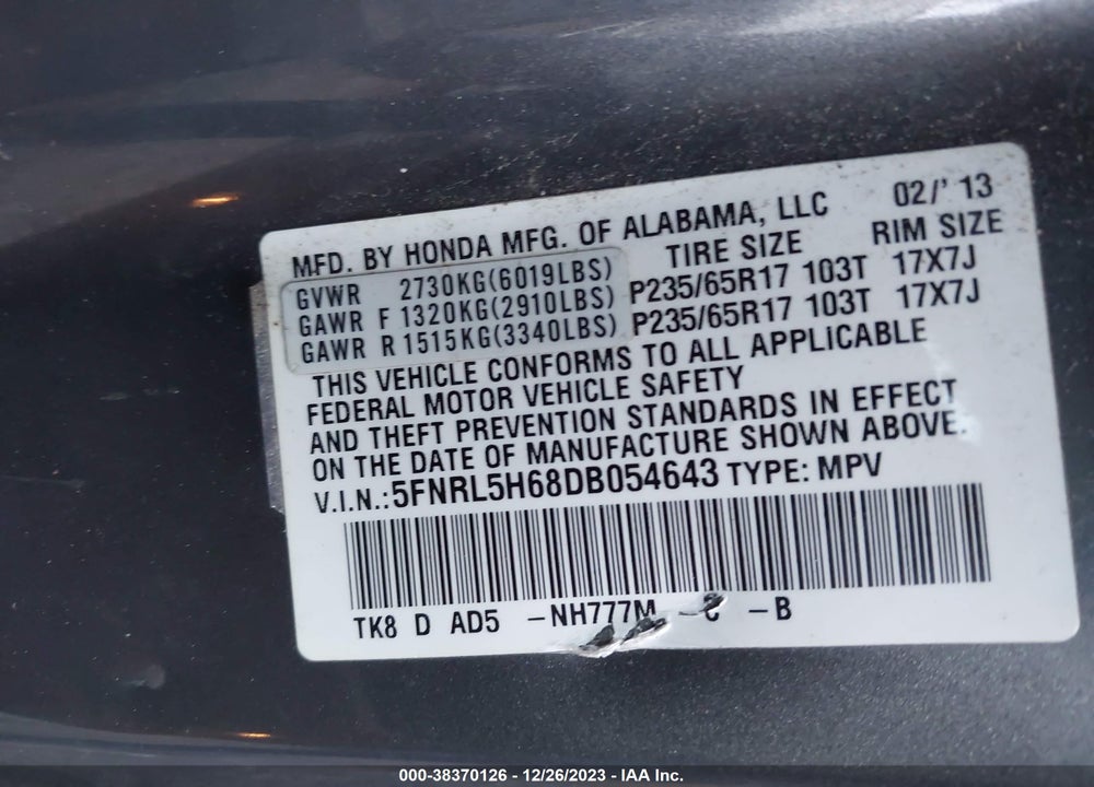 2013 HONDA ODYSSEY EX-L VIN: 5FNRL5H68DB054643