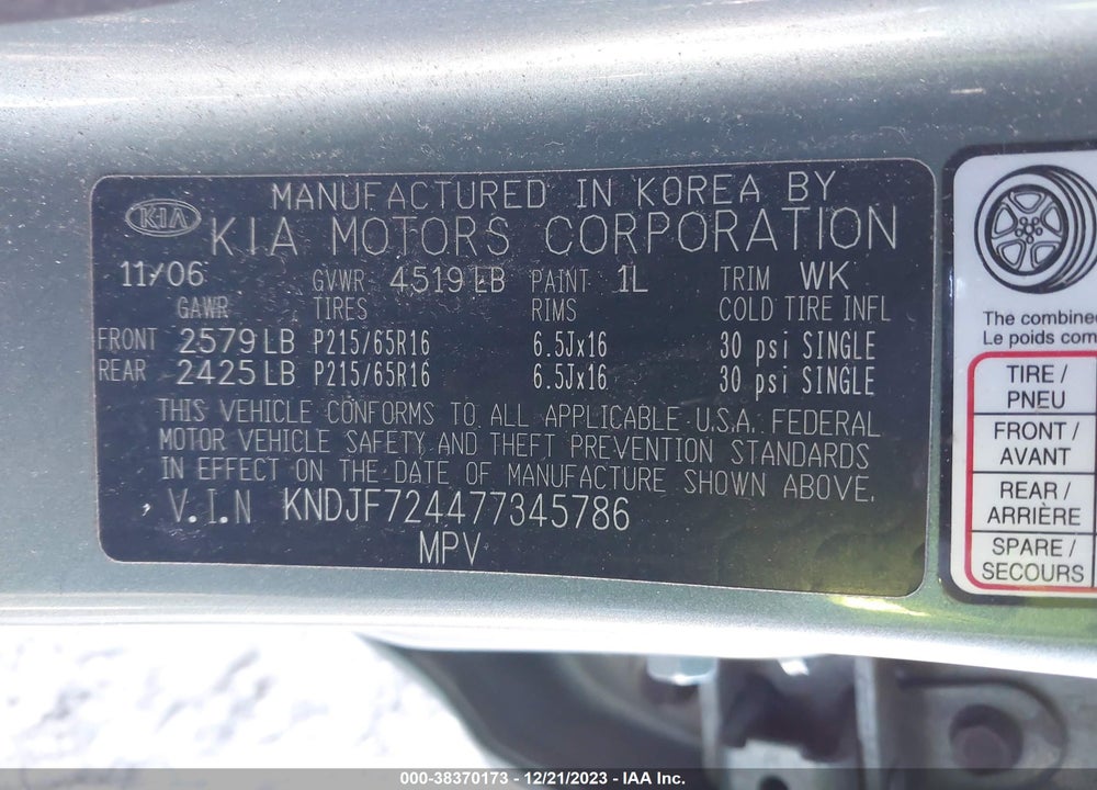 2007 KIA SPORTAGE LX VIN: KNDJF724477345786
