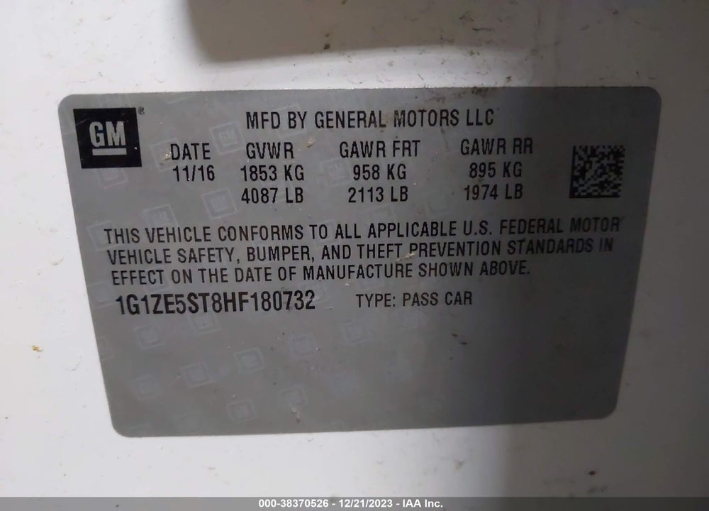 2017 CHEVROLET MALIBU 1LT VIN: 1G1ZE5ST8HF180732