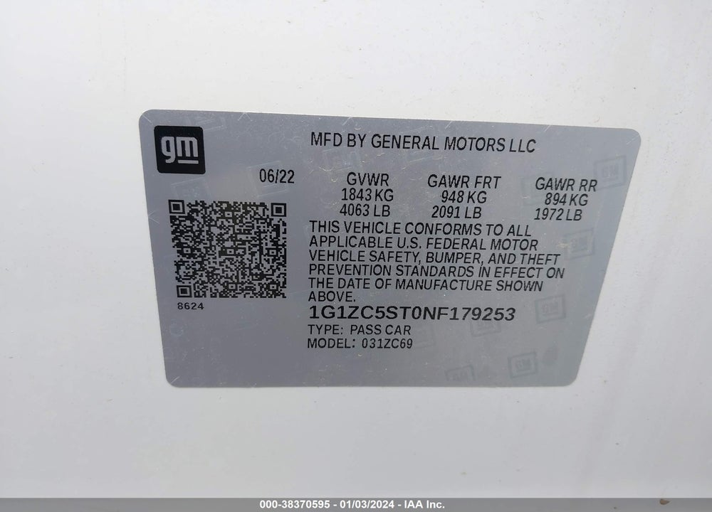2022 CHEVROLET MALIBU FWD 1FL VIN: 1G1ZC5ST0NF179253