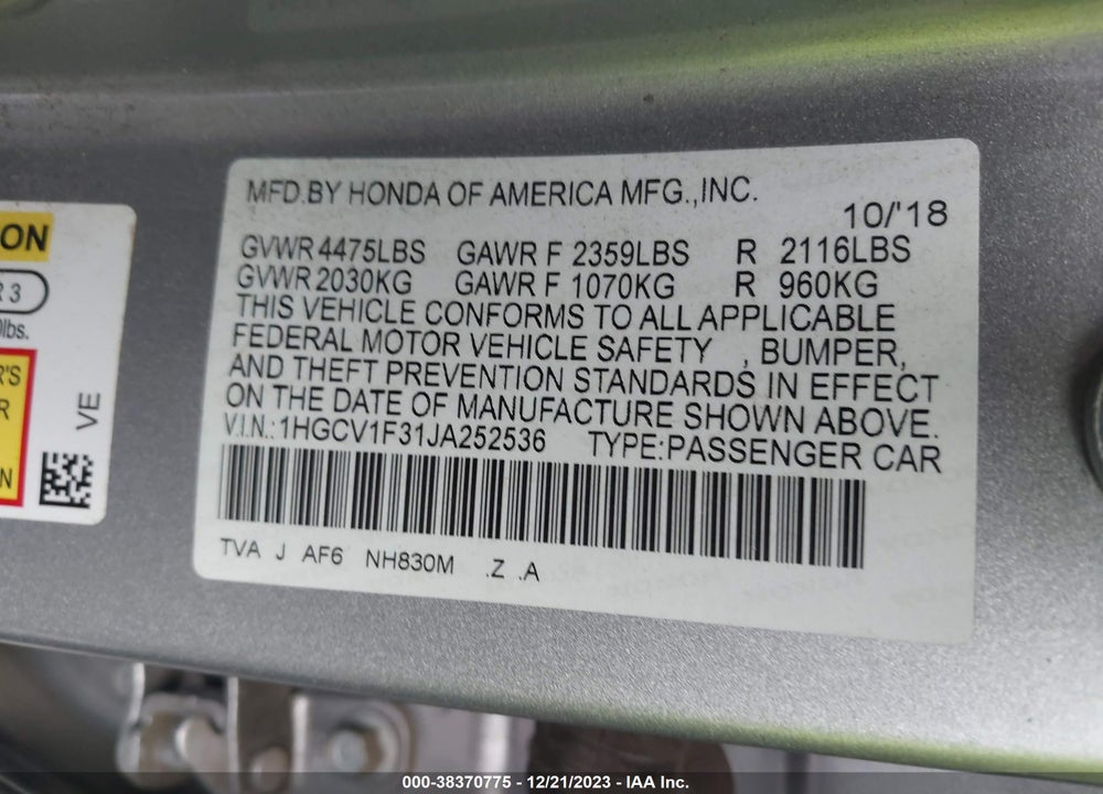 2018 HONDA ACCORD SPORT VIN: 1HGCV1F31JA252536