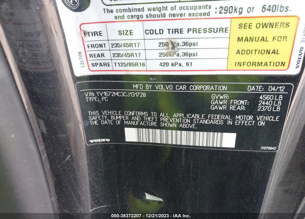 2012 VOLVO C70 T5/T5 PLATINUM/T5 PREMIER PLUS VIN: YV1672MC3CJ131728