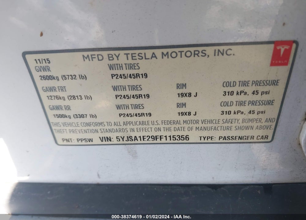 2015 TESLA MODEL S 70D/85D/P85D VIN: 5YJSA1E29FF115356