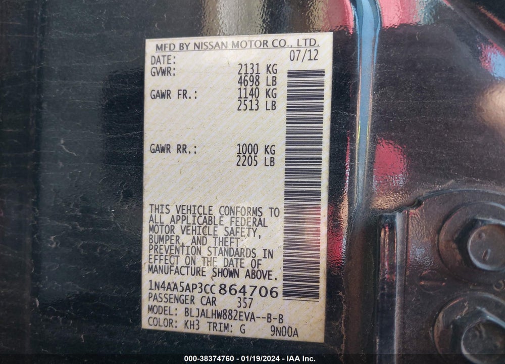 2012 NISSAN MAXIMA 3.5 SV VIN: 1N4AA5AP3CC864706