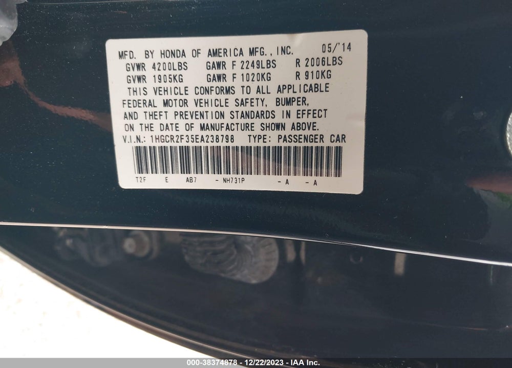 2014 HONDA ACCORD LX VIN: 1HGCR2F35EA238798