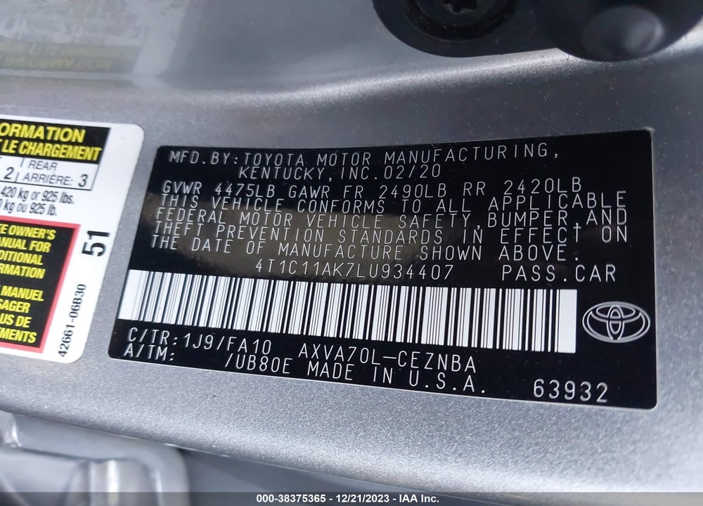 2020 TOYOTA CAMRY LE VIN: 4T1C11AK7LU934407