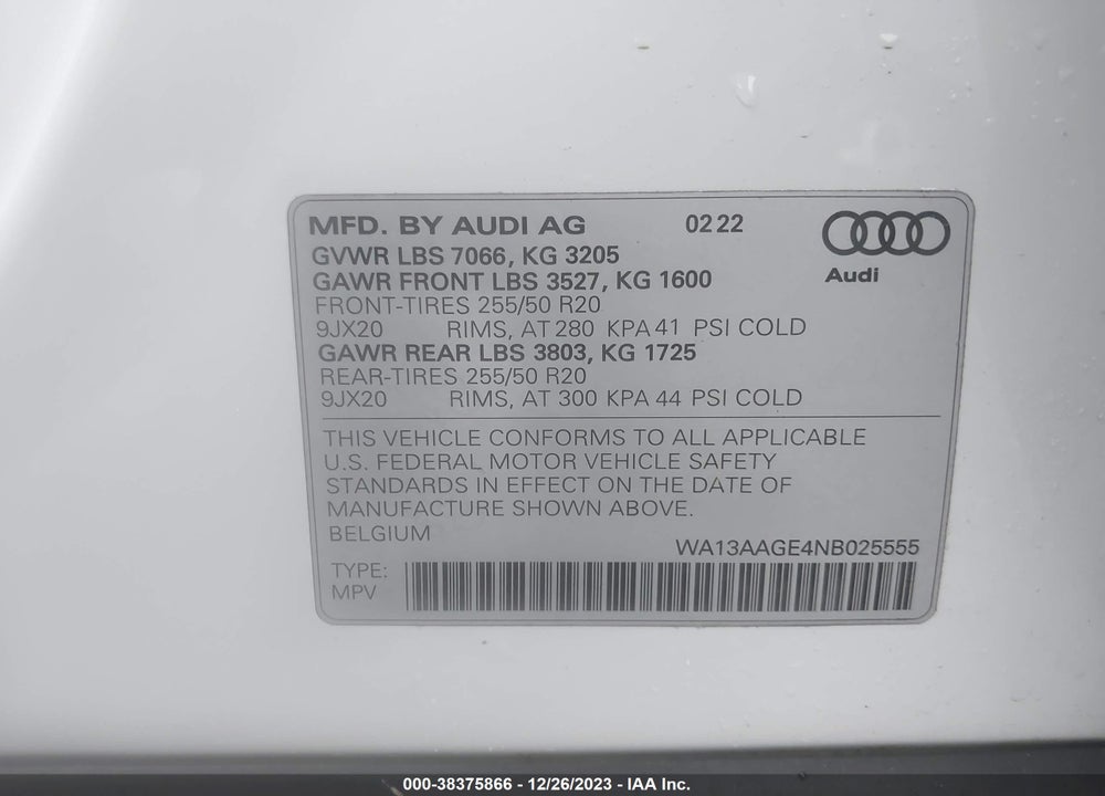 2022 AUDI E-TRON SPORTBACK PRESTIGE S LINE QUATTRO VIN: WA13AAGE4NB025555