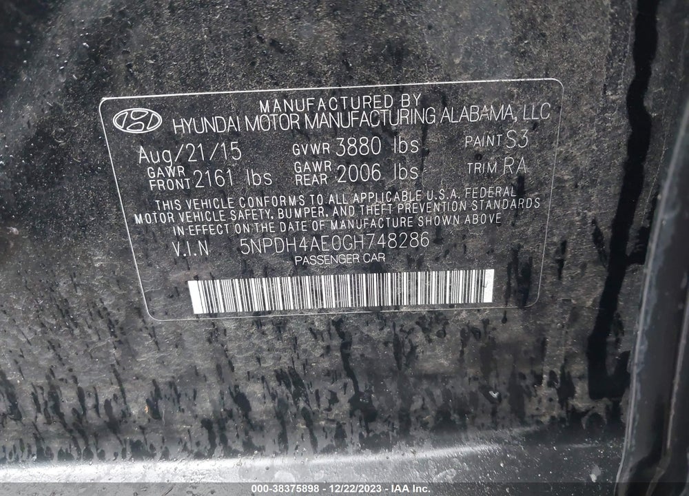2016 HYUNDAI ELANTRA SE VIN: 5NPDH4AE0GH748286