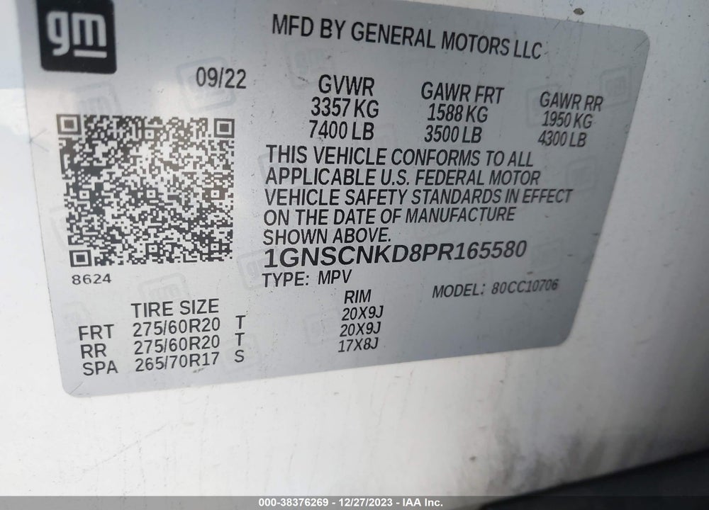 2023 CHEVROLET TAHOE 2WD LT VIN: 1GNSCNKD8PR165580