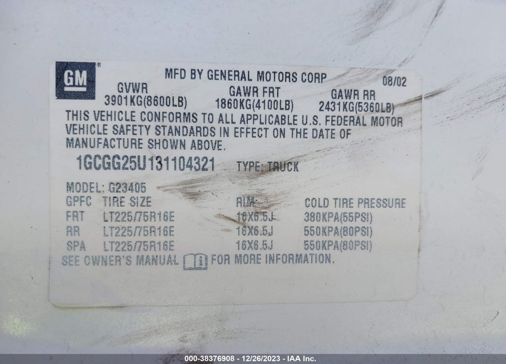 2003 CHEVROLET EXPRESS VIN: 1GCGG25U131104321