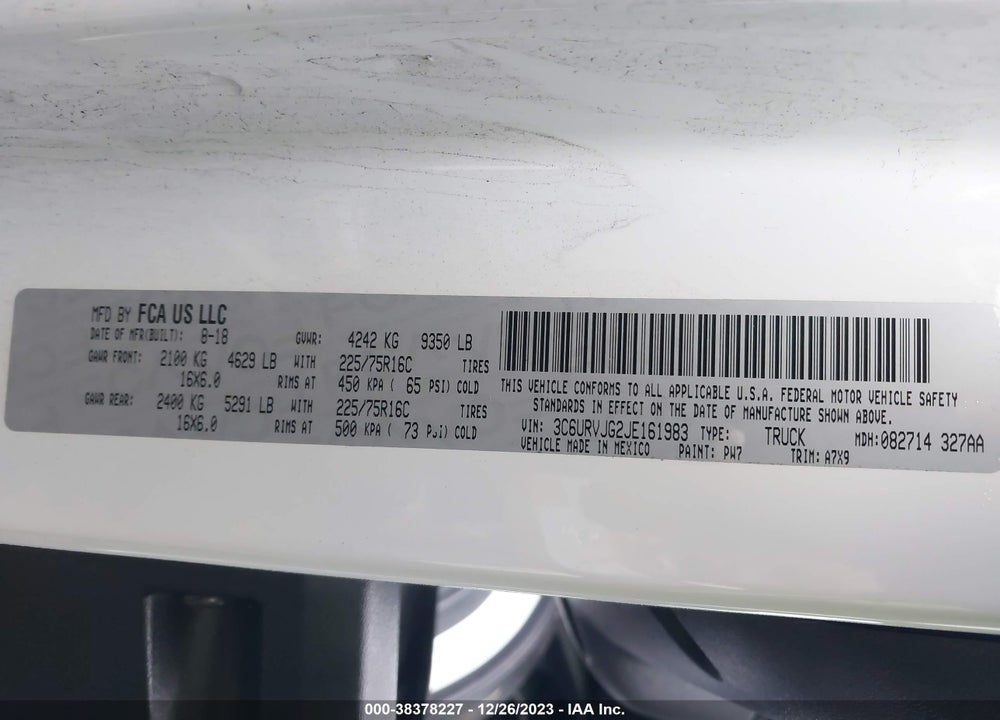 2018 RAM PROMASTER 3500 CARGO VAN HIGH ROOF 159 WB EXT VIN: 3C6URVJG2JE161983