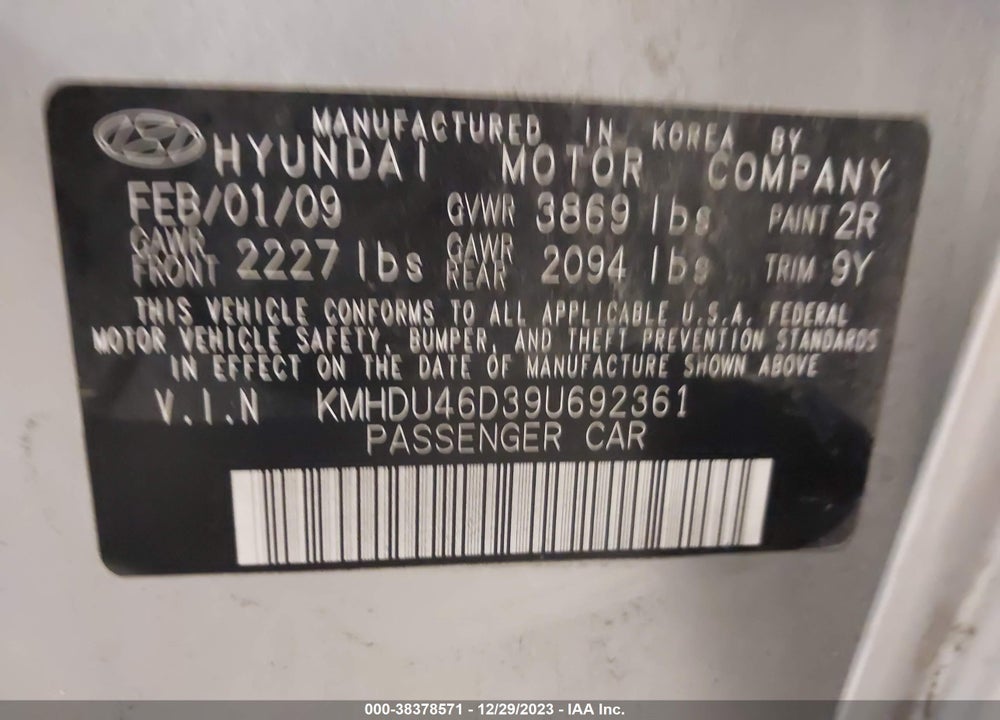 2009 HYUNDAI ELANTRA GLS VIN: KMHDU46D39U692361