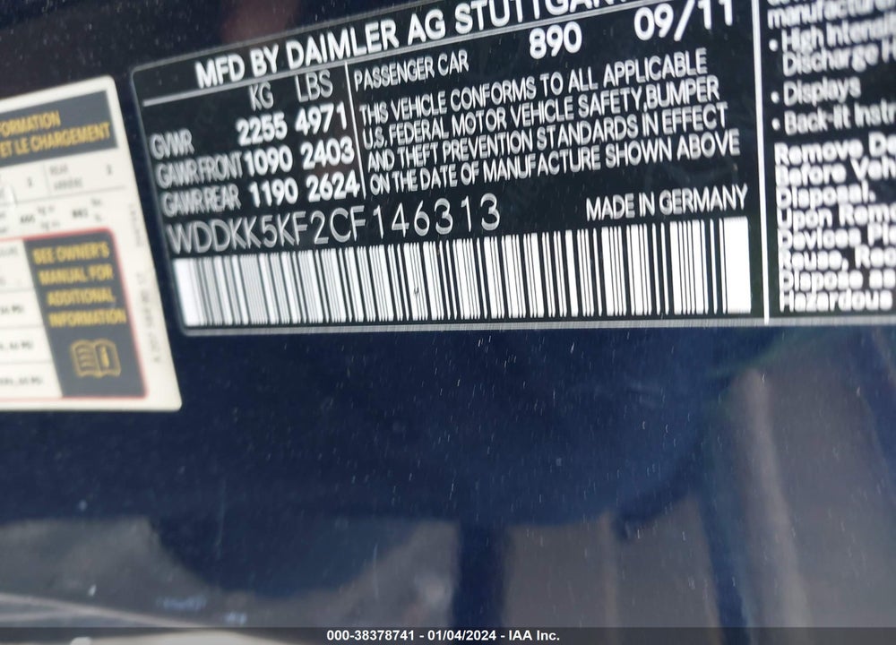 2012 MERCEDES-BENZ E 350 VIN: WDDKK5KF2CF146313