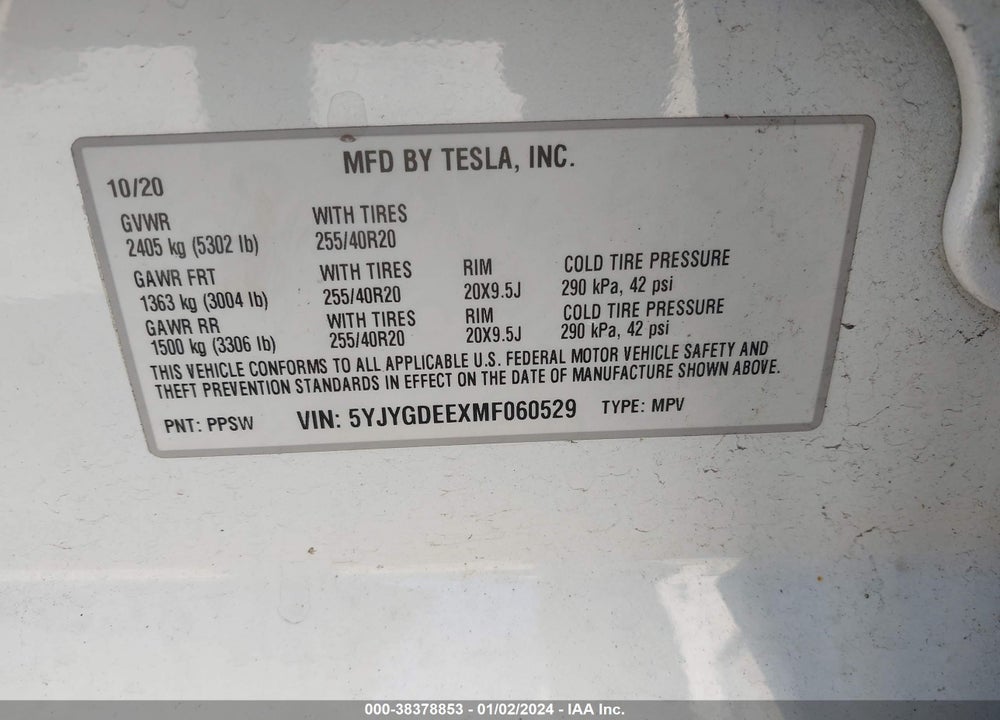 2021 TESLA MODEL Y LONG RANGE DUAL MOTOR ALL-WHEEL DRIVE VIN: 5YJYGDEEXMF060529