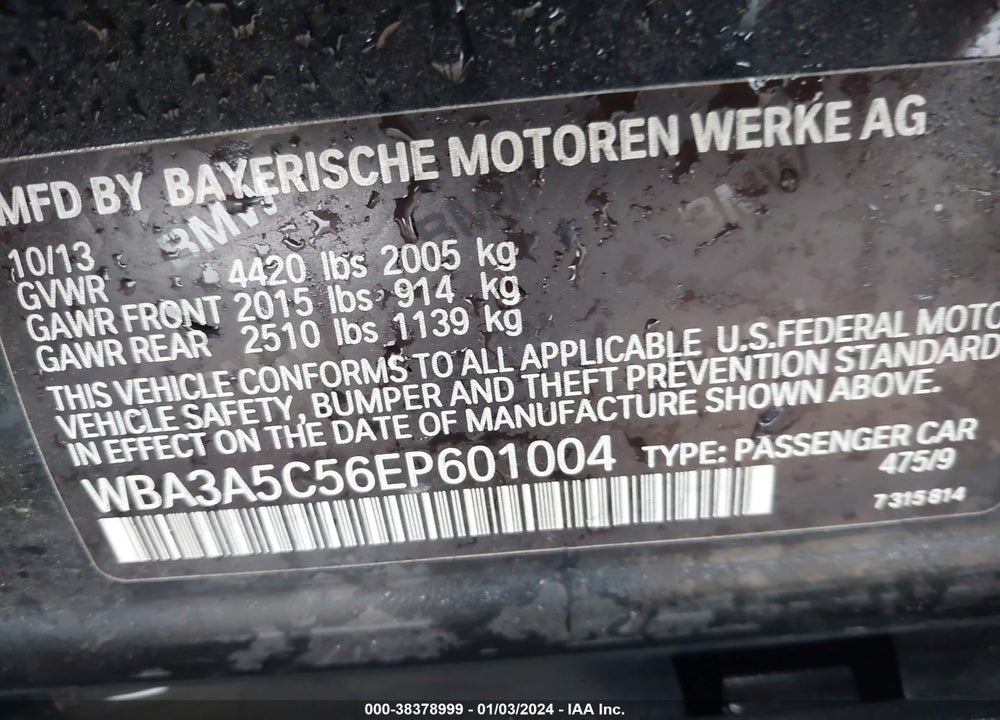 2014 BMW 328I VIN: WBA3A5C56EP601004