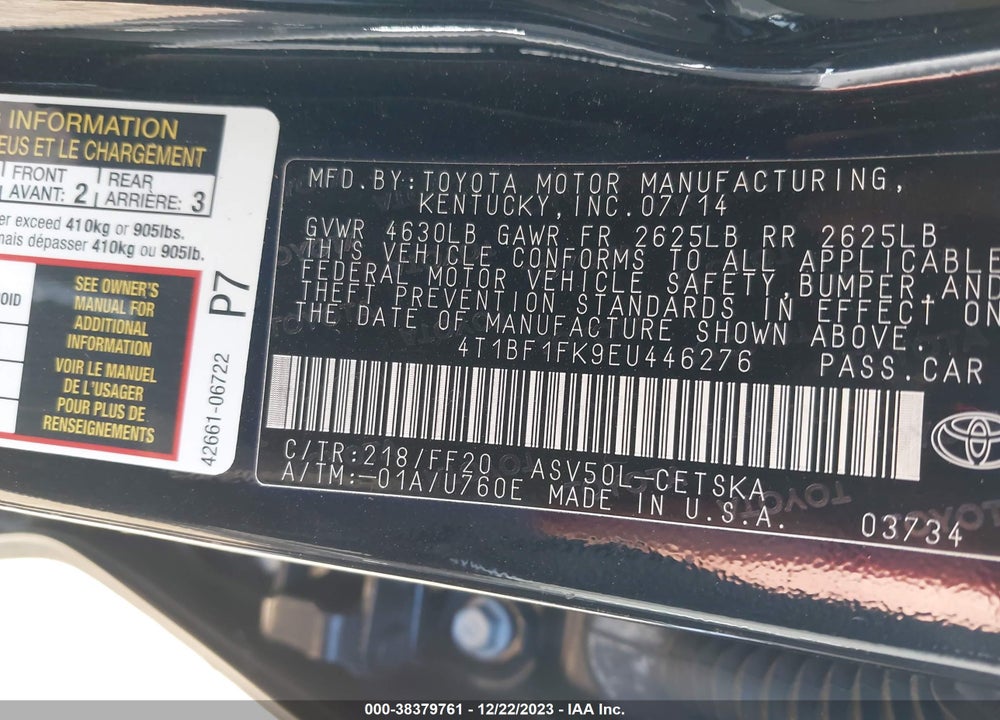 2014 TOYOTA CAMRY VIN: 4T1BF1FK9EU446276