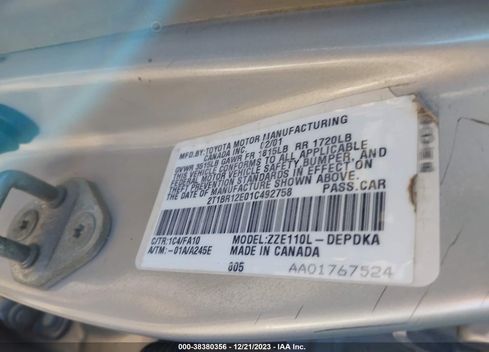 2001 TOYOTA COROLLA LE VIN: 2T1BR12E01C492758