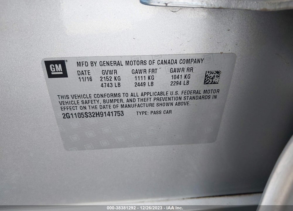 2017 CHEVROLET IMPALA 1LT VIN: 2G1105S32H9141753