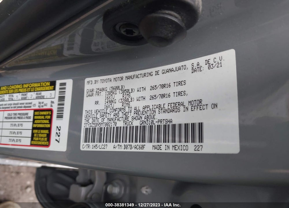 2021 TOYOTA TACOMA TRD OFF ROAD VIN: 3TYDZ5BN5MT002170