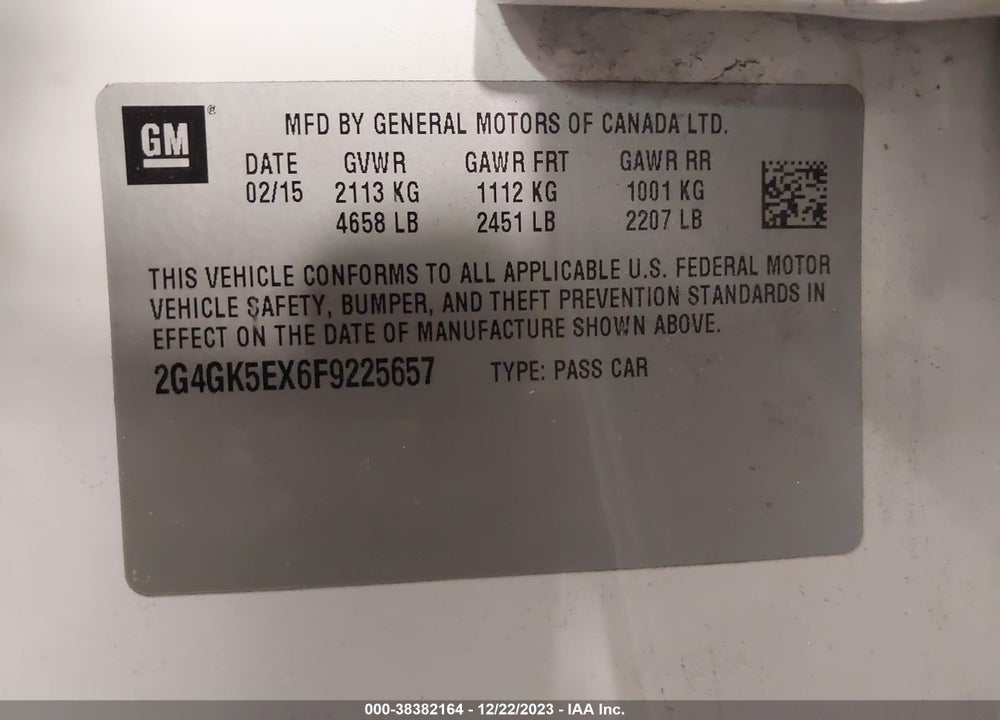 2015 BUICK REGAL VIN: 2G4GK5EX6F9225657