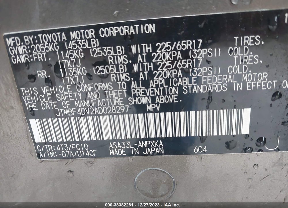 2010 TOYOTA RAV4 VIN: JTMBF4DV2AD028297