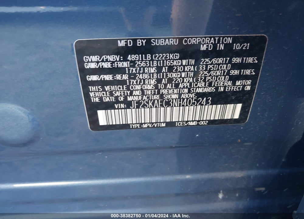 2022 SUBARU FORESTER PREMIUM VIN: JF2SKAEC3NH405243