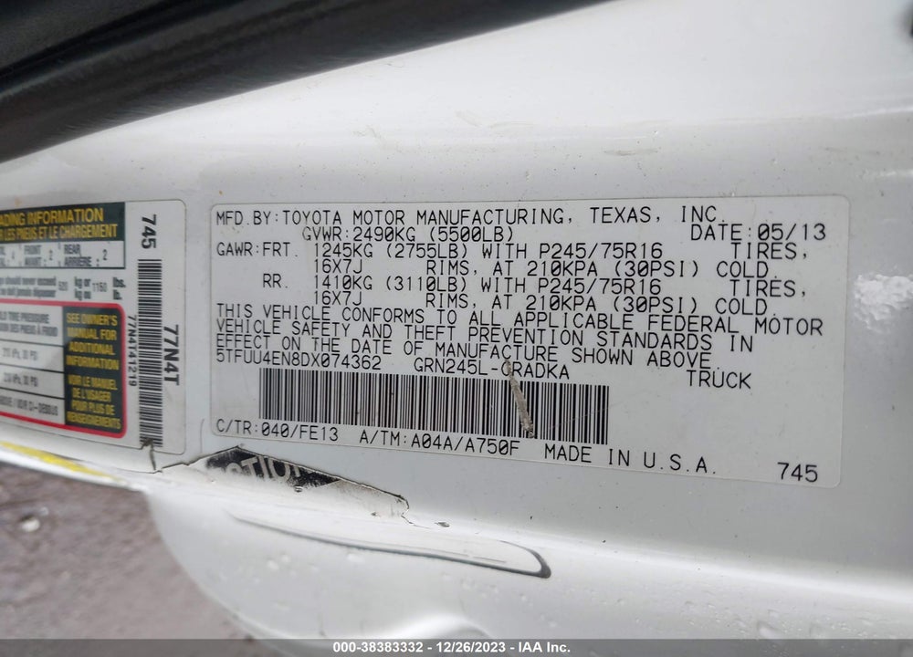 2013 TOYOTA TACOMA BASE V6 VIN: 5TFUU4EN8DX074362