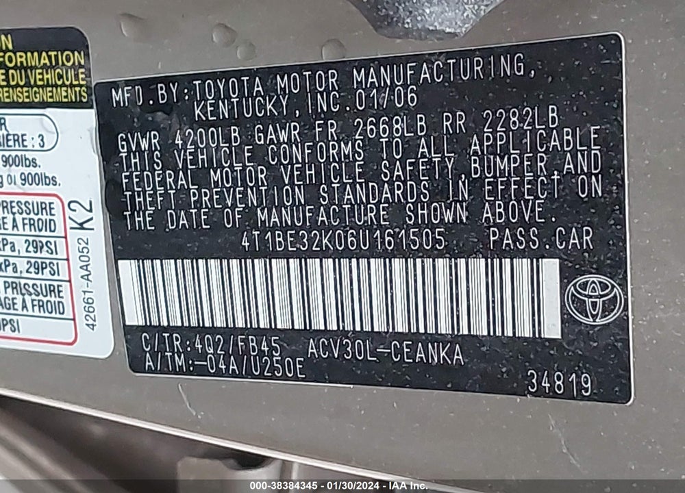 2006 TOYOTA CAMRY LE VIN: 4T1BE32K06U161505