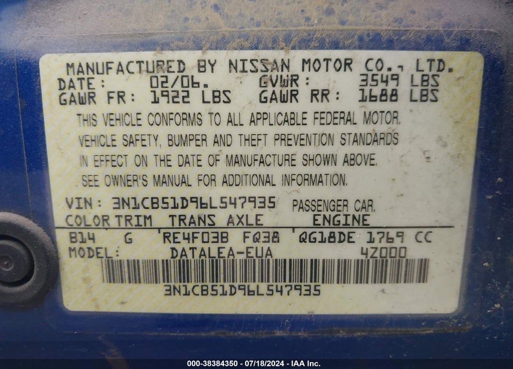 2006 NISSAN SENTRA 1.8S VIN: 3N1CB51D96L547935
