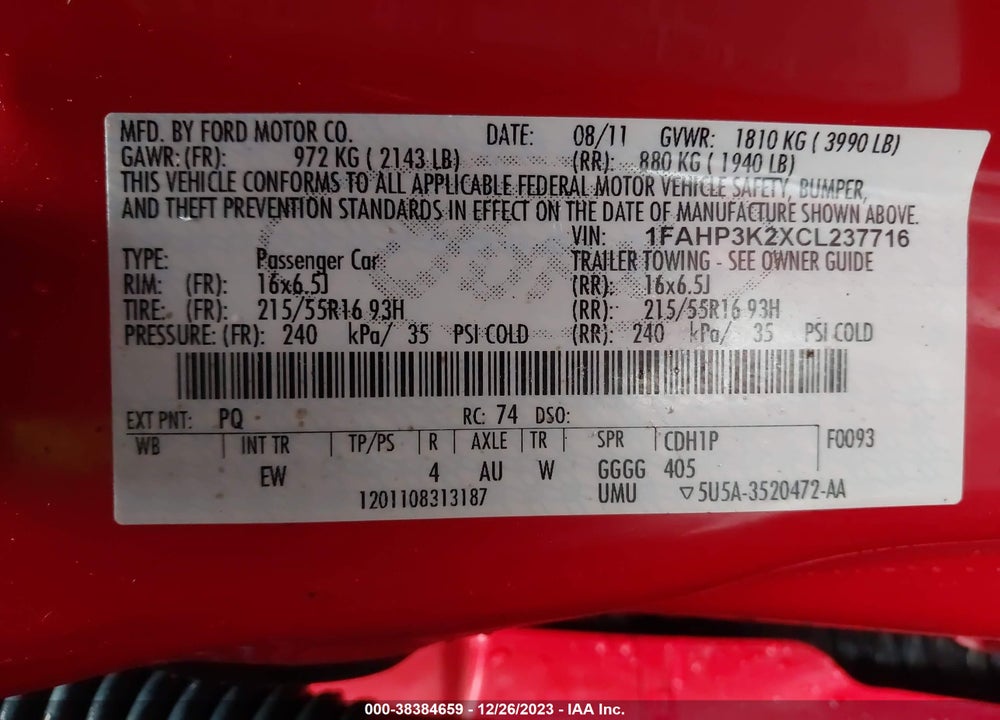 2012 FORD FOCUS SE VIN: 1FAHP3K2XCL237716