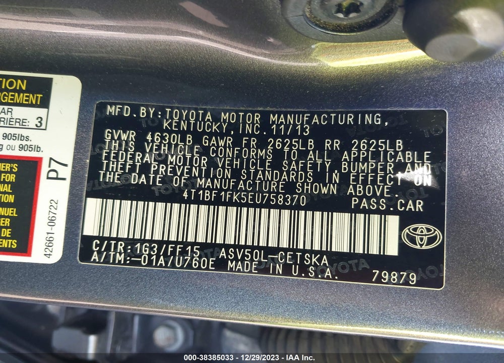 2014 TOYOTA CAMRY SE VIN: 4T1BF1FK5EU758370
