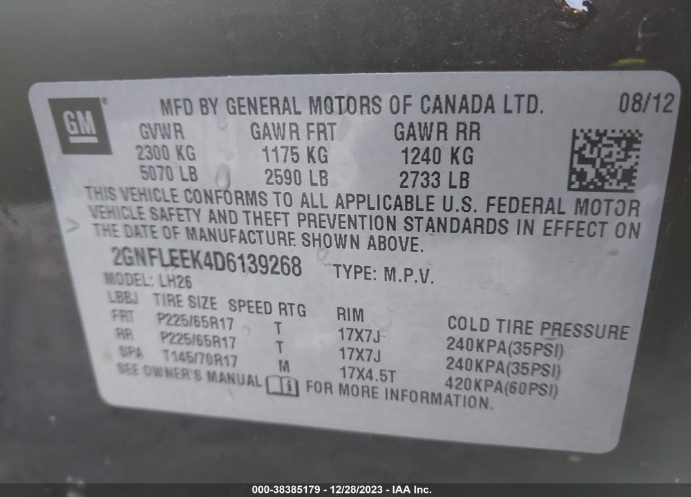 2013 CHEVROLET EQUINOX 1LT VIN: 2GNFLEEK4D6139268