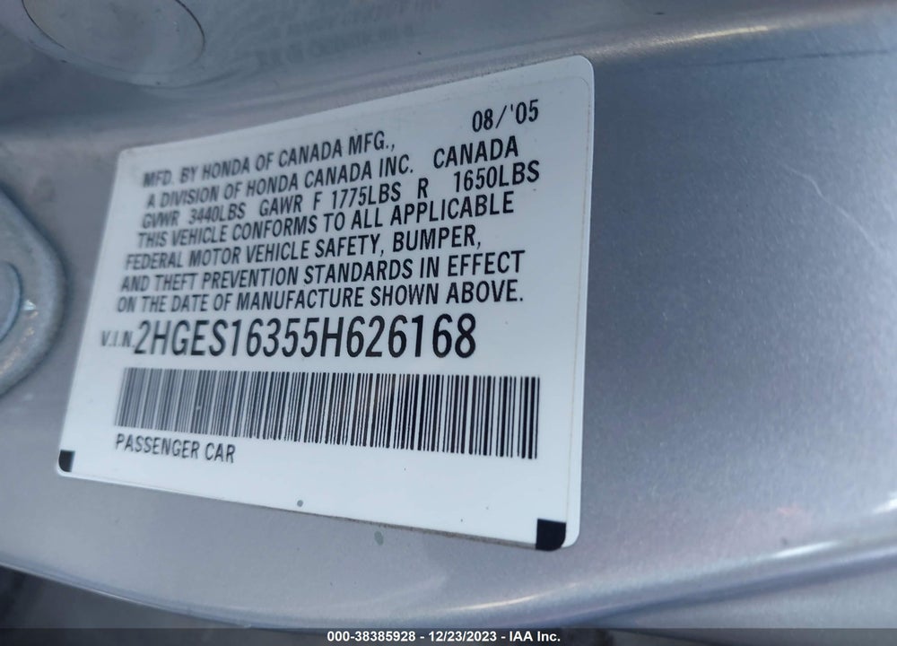 2005 HONDA CIVIC DX VP VIN: 2HGES16355H626168