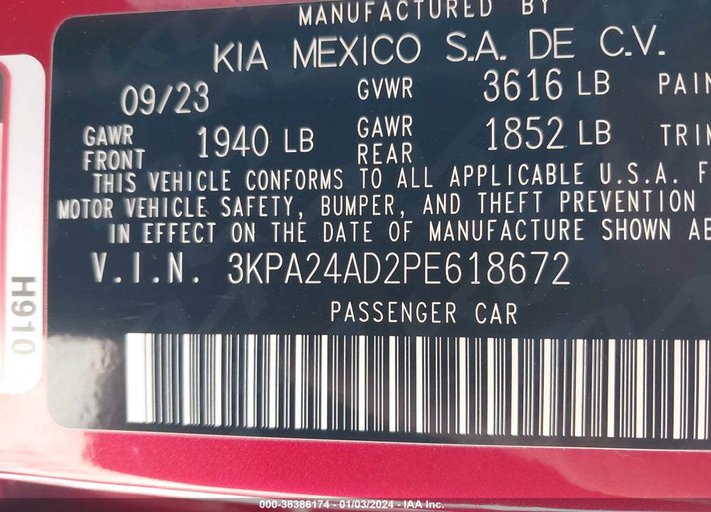 2023 KIA RIO S VIN: 3KPA24AD2PE618672