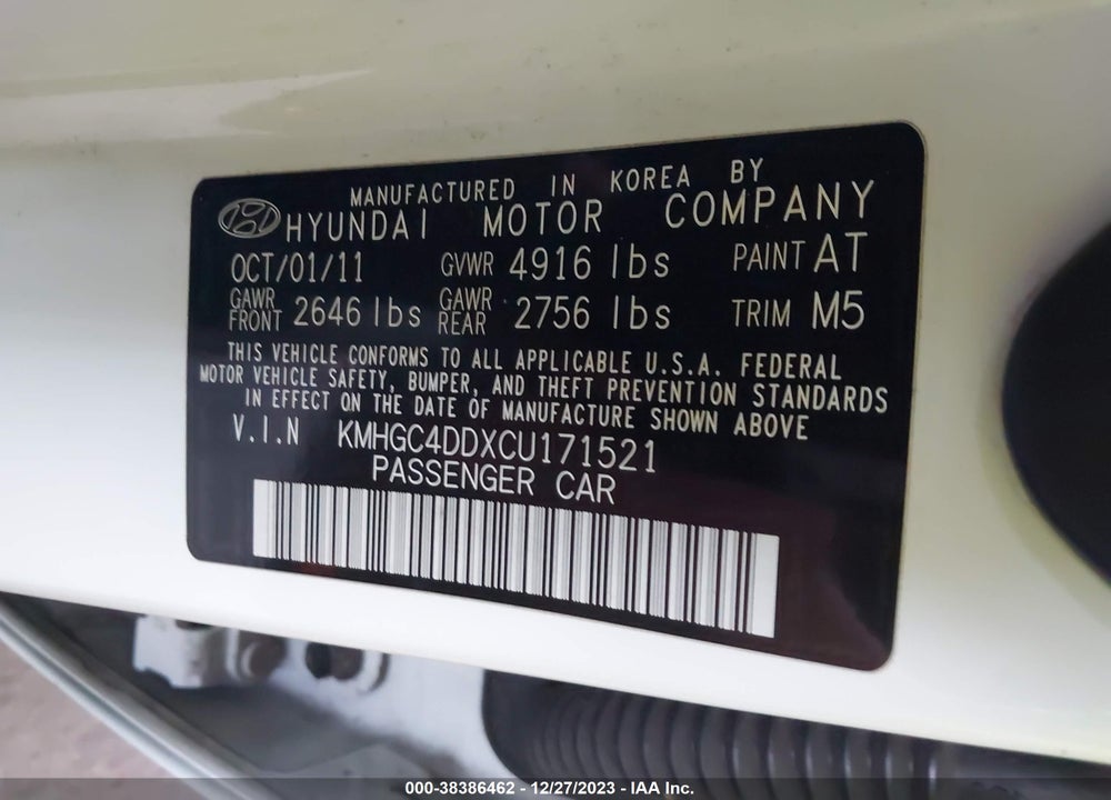 2012 HYUNDAI GENESIS 3.8 VIN: KMHGC4DDXCU171521