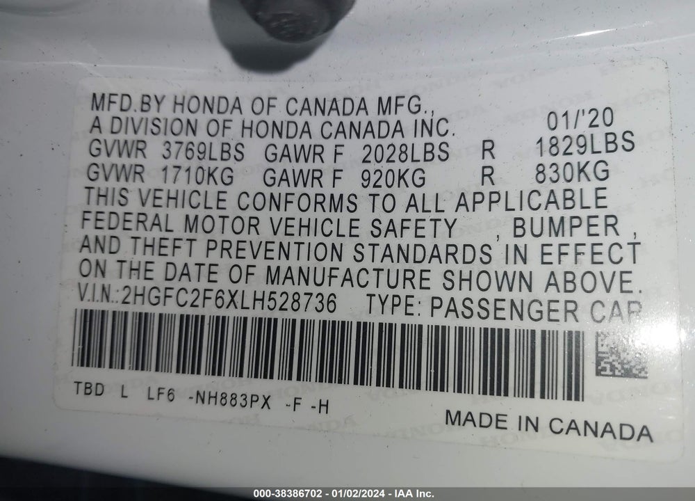2020 HONDA CIVIC LX VIN: 2HGFC2F6XLH528736