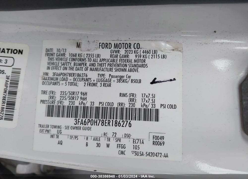 2014 FORD FUSION SE VIN: 3FA6P0H78ER186276