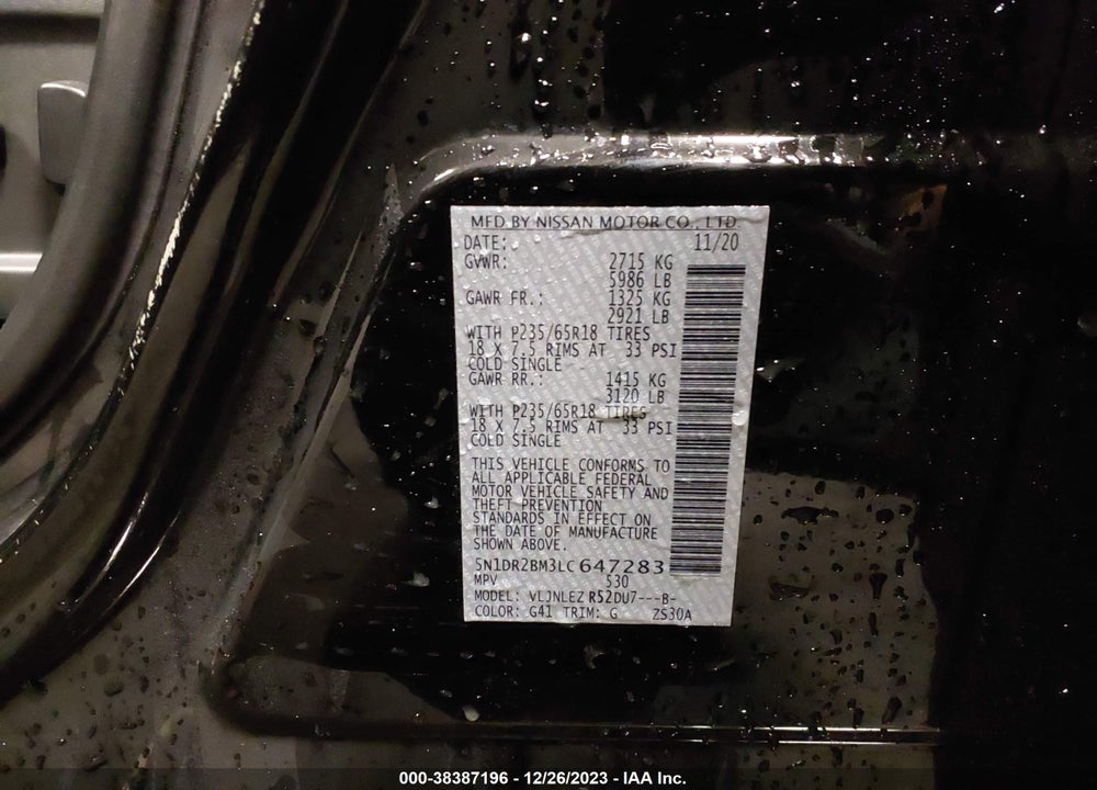 2020 NISSAN PATHFINDER SV 4WD VIN: 5N1DR2BM3LC647283
