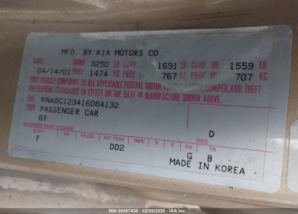 2001 KIA RIO BASE (A4)/BASE (M5) VIN: KNADC123416084132