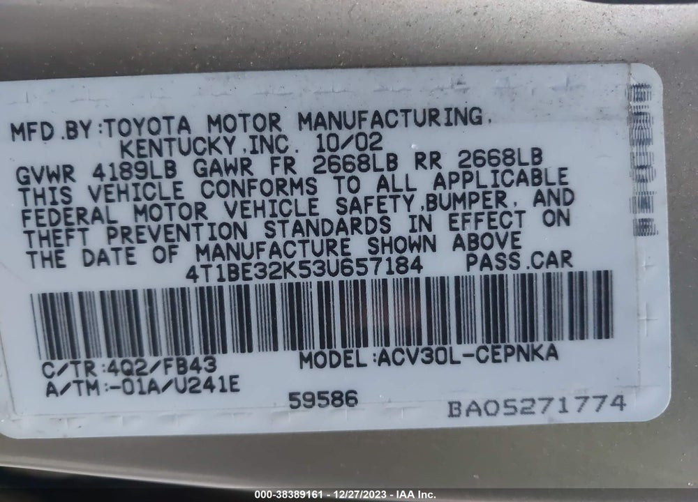 2003 TOYOTA CAMRY LE VIN: 4T1BE32K53U657184