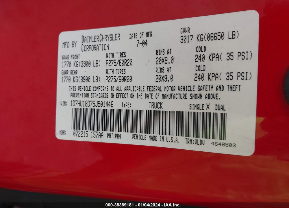 2005 DODGE RAM 1500 SLT/LARAMIE VIN: 1D7HU18D75J501446