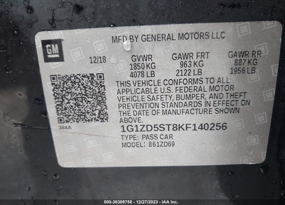 2019 CHEVROLET MALIBU LT VIN: 1G1ZD5ST8KF140256