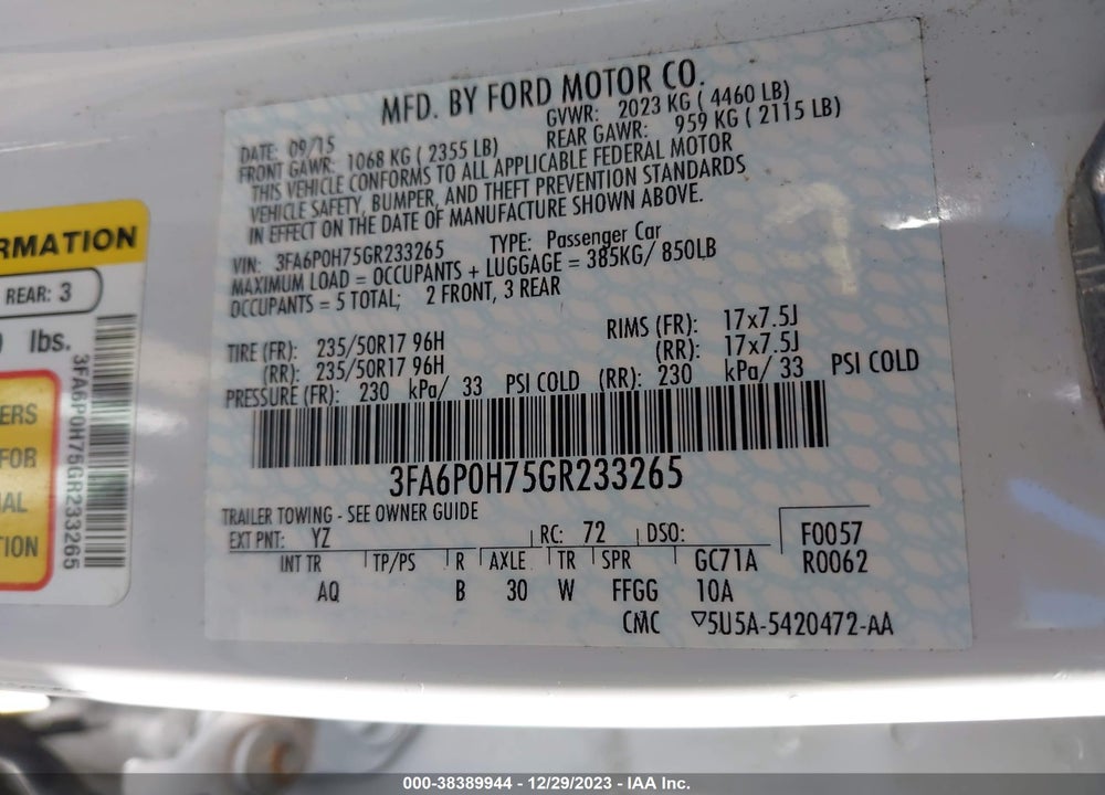 2016 FORD FUSION SE VIN: 3FA6P0H75GR233265