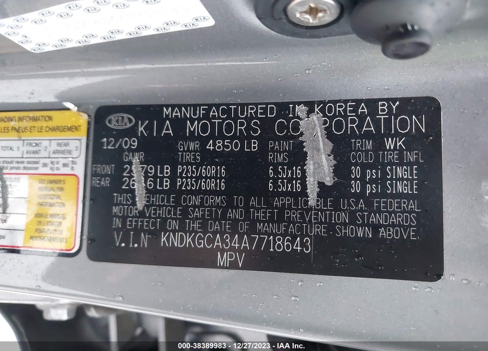 2010 KIA SPORTAGE LX V6 VIN: KNDKGCA34A7718643